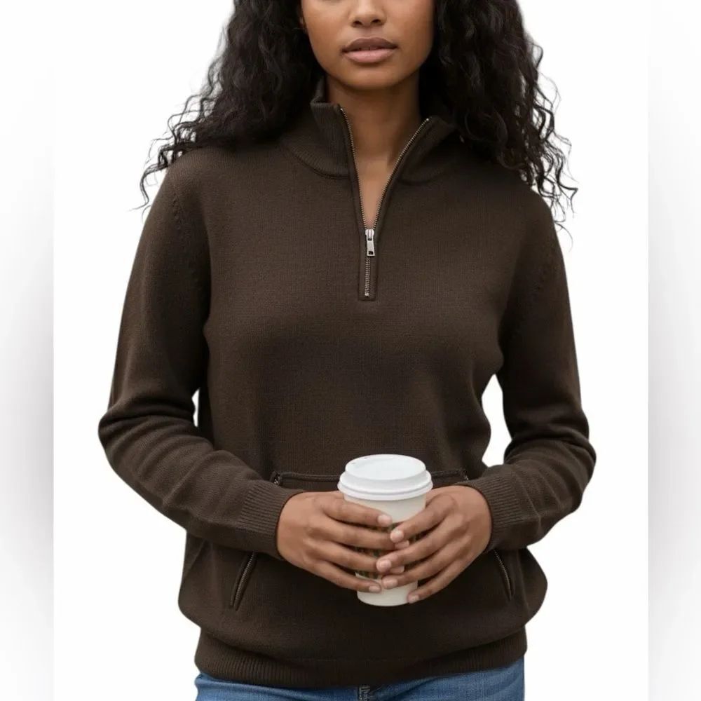 New BELFORD 1/4 Zip Sweater Pullover Kangaroo Pocket Brown Cotton Mock Neck M